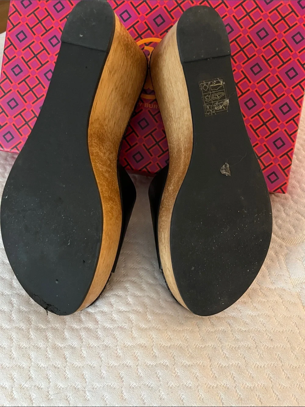 Tory Burch Black Leather Wood-Platform Slide Wedges